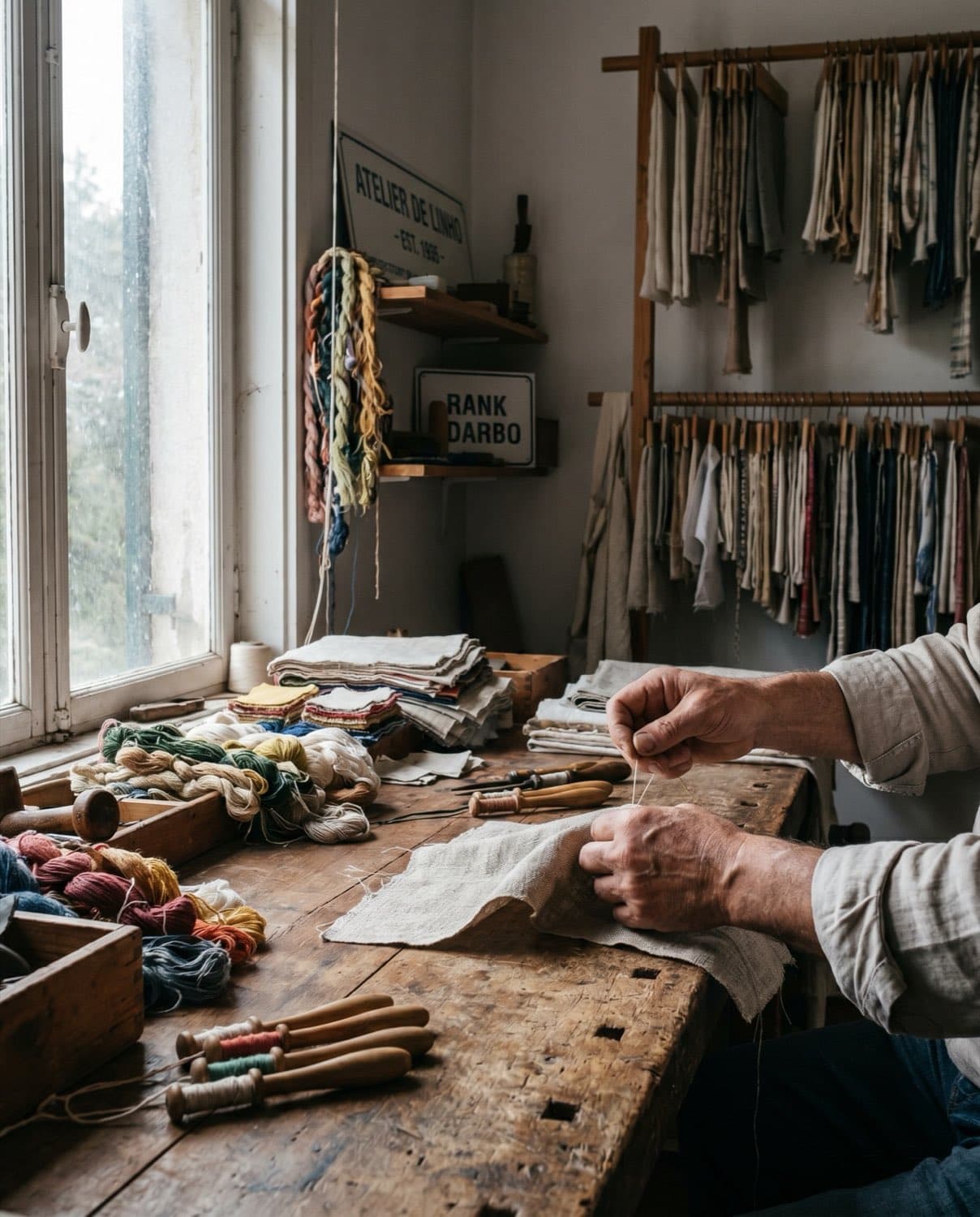 Werkstattszene bei einer der Mareu-Manufakturen — Handwerker näht an einem Textil-Webstuhl