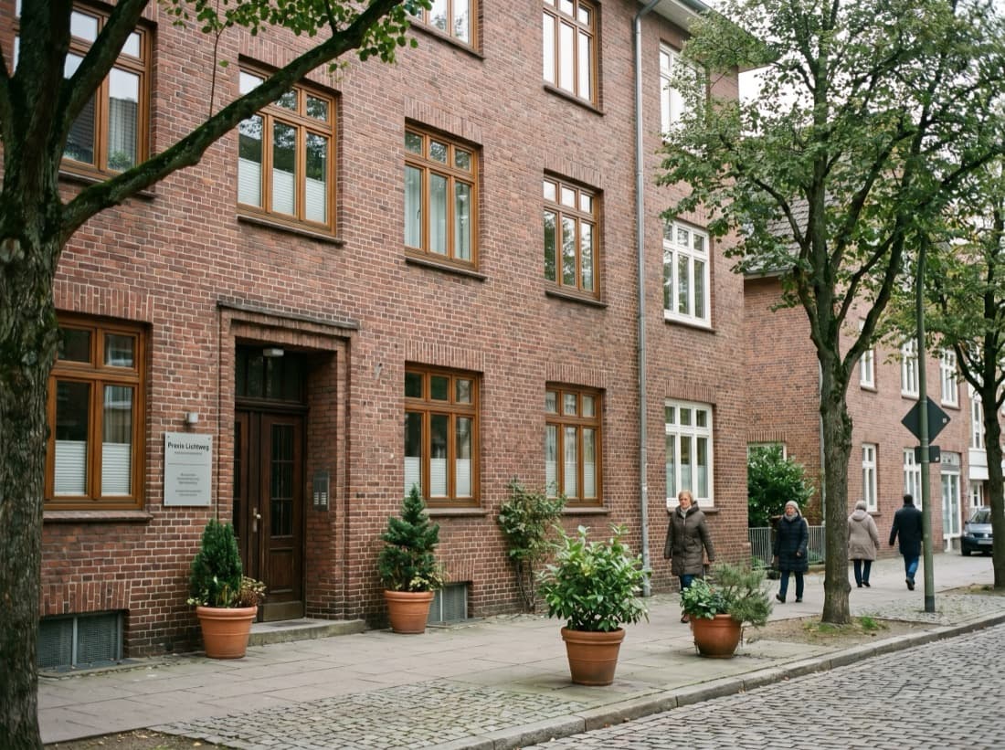 Backsteingebäude der Praxis Lichtweg in Hamburg-Eppendorf mit Eingang und Schild an der Fassade