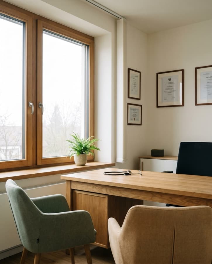 Helles Behandlungszimmer der Praxis Lichtweg mit Holzschreibtisch, sage-grünem Sessel und Diplomen an der Wand
